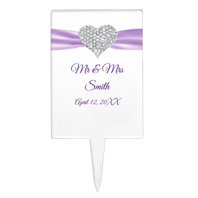 Diamond Heart Purple Ribbon Wedding Cake Topper (Front)