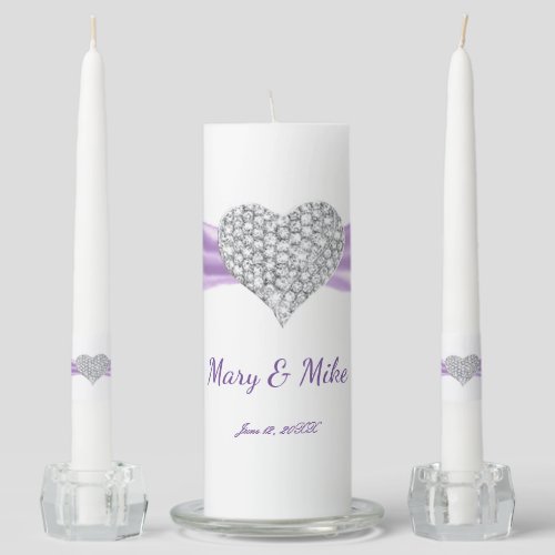 Diamond Heart Purple Ribbon Wedding Unity Candle Set