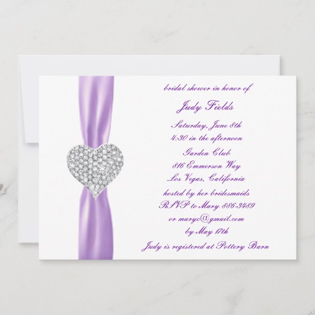 Diamond Heart Purple Wedding Bridal Shower Invite (Front)