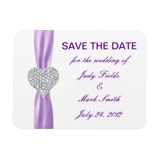 Diamond Heart Purple Wedding Save The Date Magnet (Horizontal)