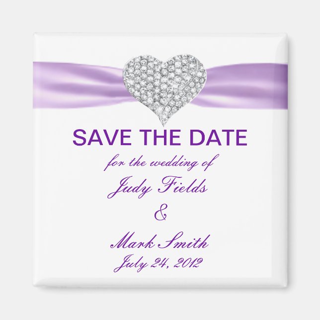 Diamond Heart Purple Wedding Save The Date Magnet (Front)