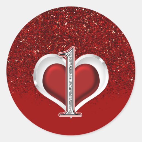 Diamond Heart Red Glitter Sparkle 1ST Birthday ONE Classic Round Sticker