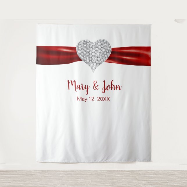 Diamond Heart Red Ribbon Wedding Backdrop (Front)