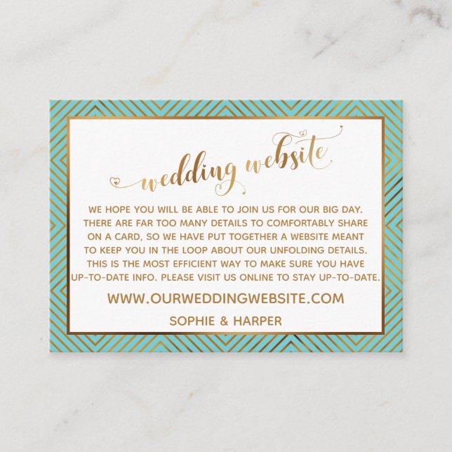 Diamond Heart Script Wedding Website Turquoise Enclosure Card (Front)