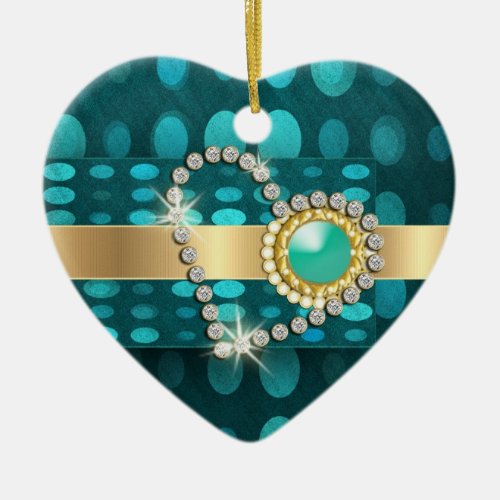 Diamond heart sparkling aqua gems ceramic ornament