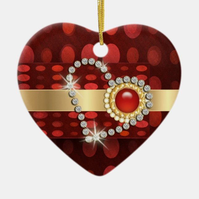 Diamond heart sparkling aqua gems ceramic ornament (Front)