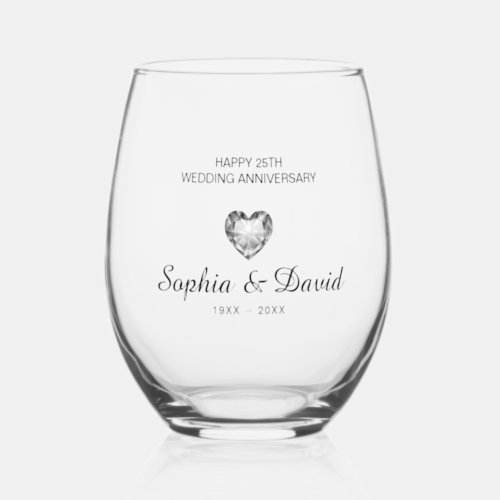 Diamond Heart Wedding Anniversary Stemless Wine Glass