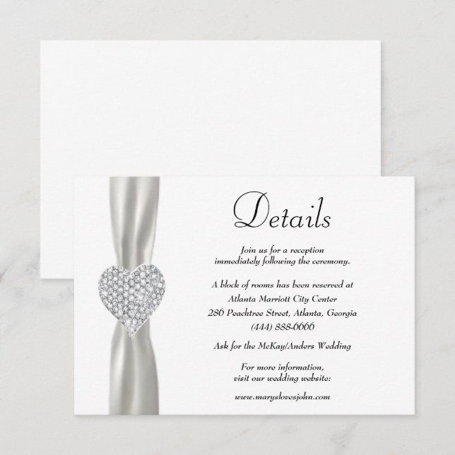 Diamond Heart White Ribbon Wedding Details Enclosure Card (Front/Back)