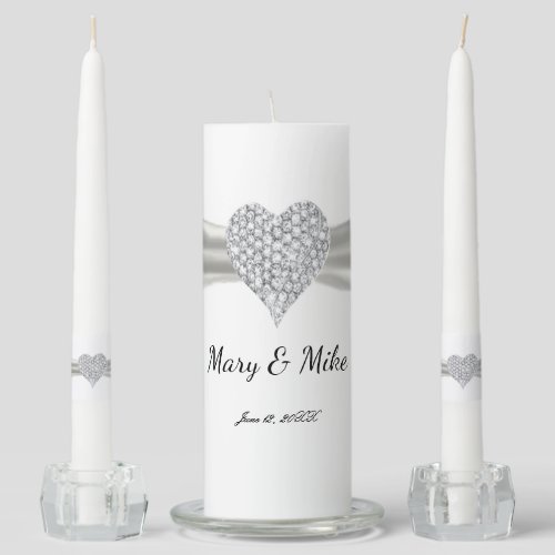 Diamond Heart White Ribbon Wedding Unity Candle Set