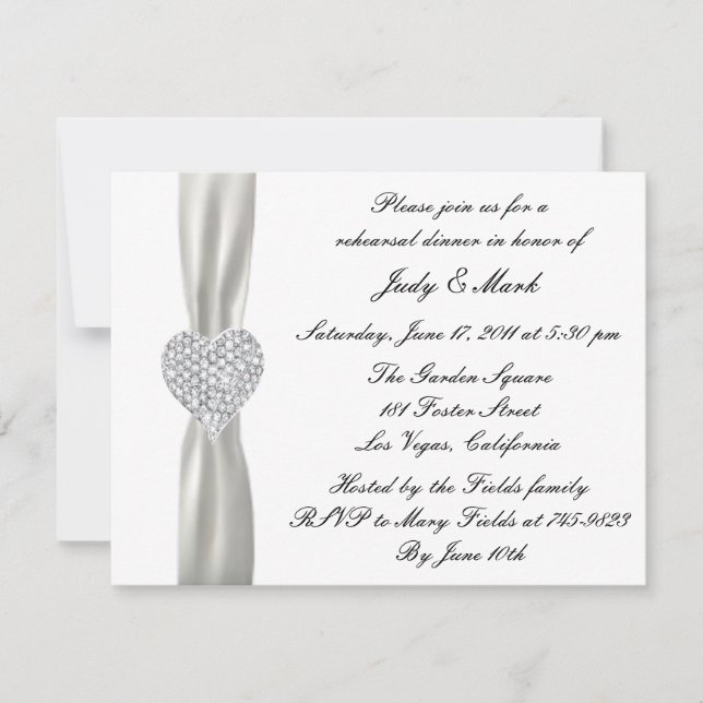 Diamond Heart White Wedding Rehearsal Dinner Invit Invitation (Front)
