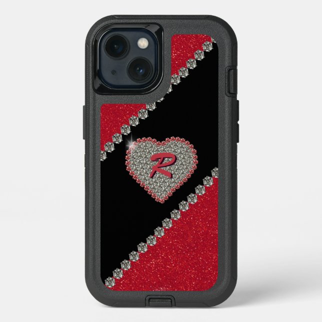 Diamond Heart with Monogram Custom Otterbox iPhone Case (Back)
