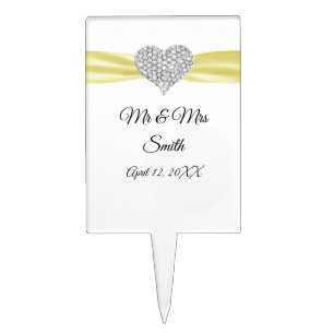 Diamond Heart Yellow Ribbon Wedding Cake Topper