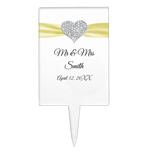 Diamond Heart Yellow Ribbon Wedding Cake Topper