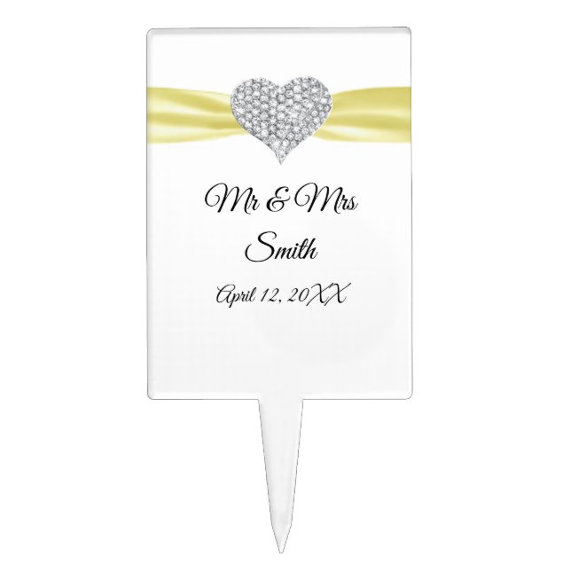 Diamond Heart Yellow Ribbon Wedding Cake Topper (Front)