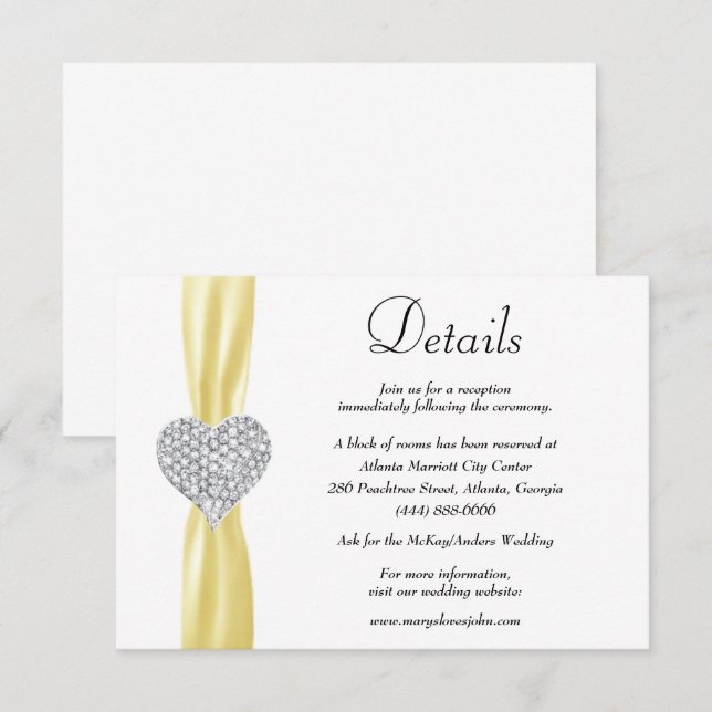 Diamond Heart Yellow Ribbon Wedding Details Enclosure Card (Front/Back)