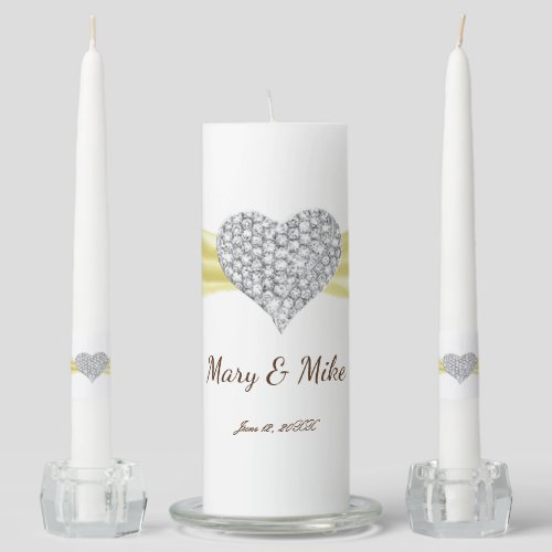 Diamond Heart Yellow Ribbon Wedding Unity Candle Set