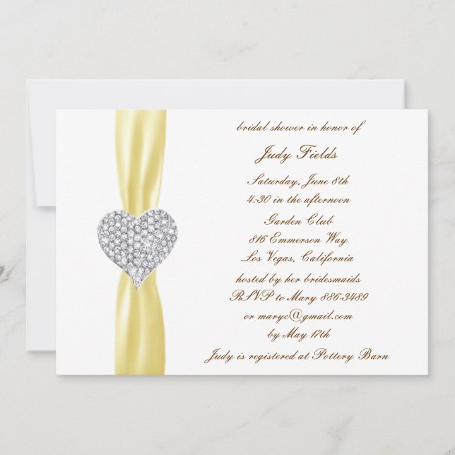 Diamond Heart Yellow Wedding Bridal Shower Invite (Front)
