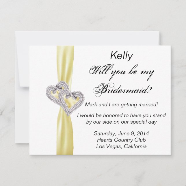 Diamond Heart Yellow Wedding Bridesmaid Card (Front)