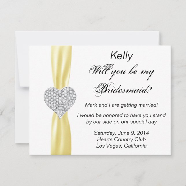 Diamond Heart Yellow Wedding Bridesmaid Card (Front)