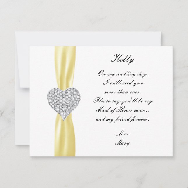Diamond Heart Yellow Wedding Maid Of Honor Card (Front)
