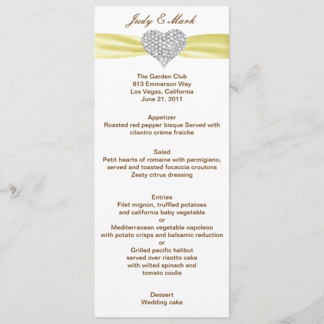 Diamond Heart Yellow Wedding Menu Card (Front)
