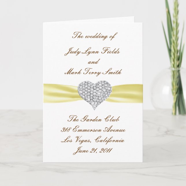 Diamond Heart Yellow Wedding Program Card (Front)