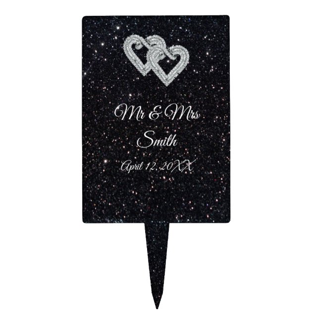 Diamond Hearts Black Glitter Wedding Cake Topper (Front)