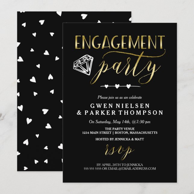 Diamond & Hearts | Black & Gold Engagement Party Invitation (Front/Back)