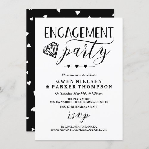 Diamond  Hearts  Black  White Engagement Party Invitation