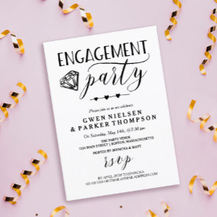 Diamond & Hearts Black & White Engagement Party Invitation