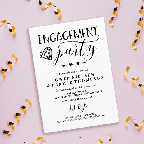 Diamond  Hearts  Black  White Engagement Party Invitation