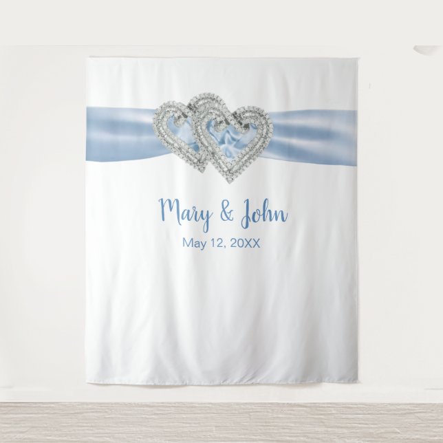 Diamond Hearts Blue Ribbon Wedding Backdrop (Front)