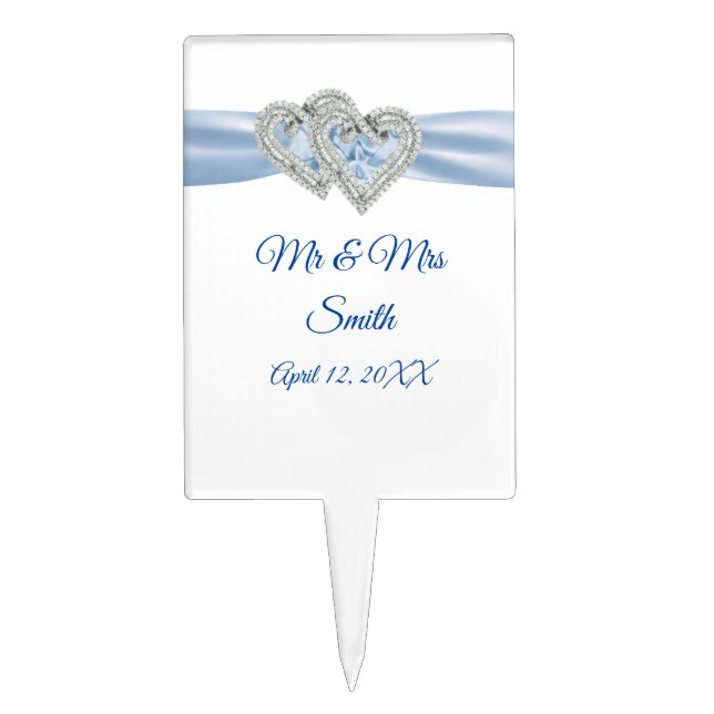 Diamond Hearts Blue Ribbon Wedding Cake Topper (Front)
