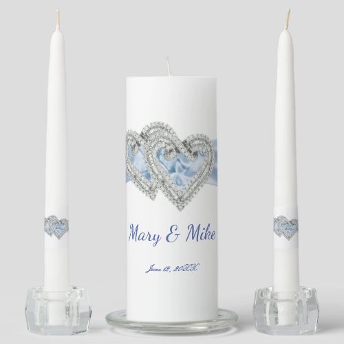 Diamond Hearts Blue Ribbon Wedding Unity Candle Set