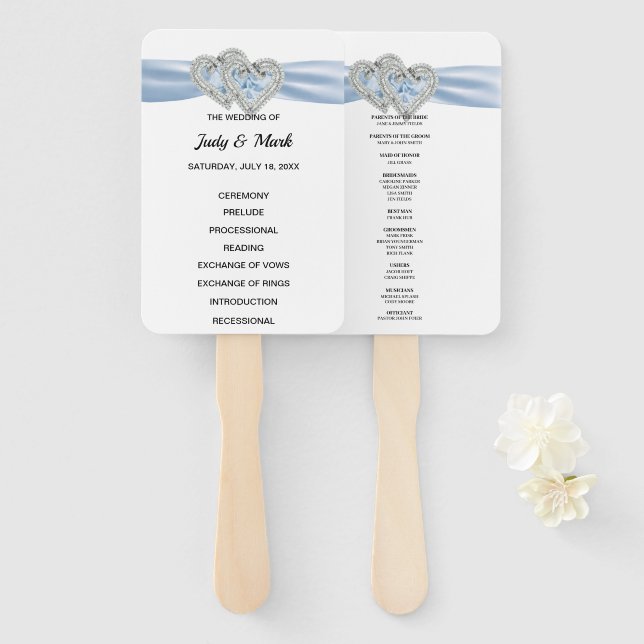 Diamond Hearts Blue Wedding Program Fans (Front and Back)