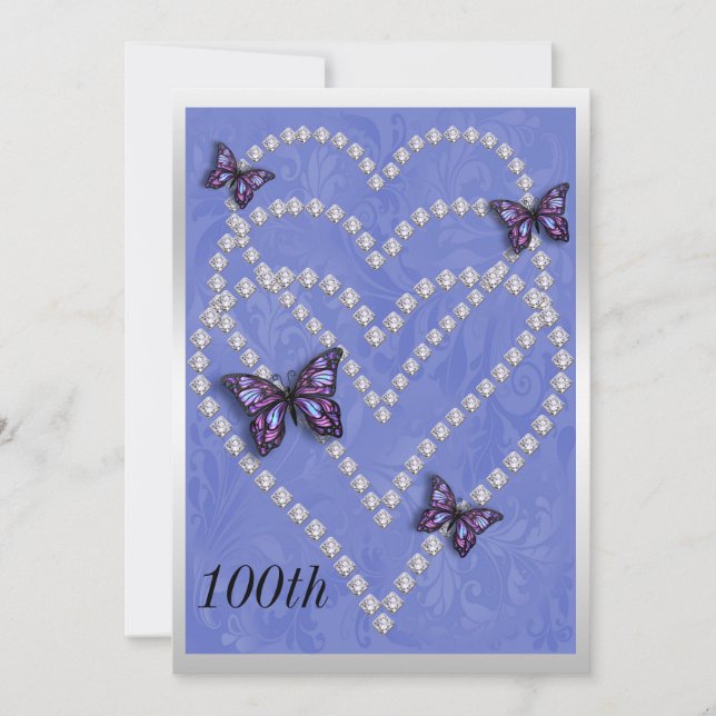 Diamond Hearts & Butterflies 100th Birthday Invitation (Front)