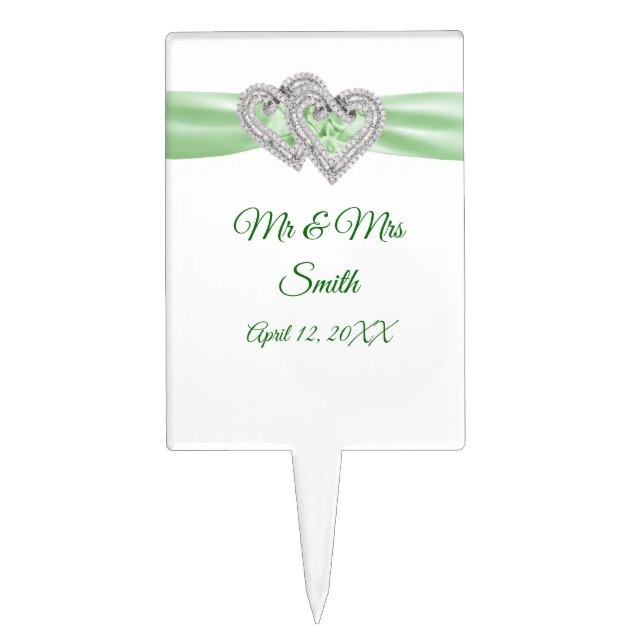 Diamond Hearts Green Ribbon Wedding Cake Topper (Front)