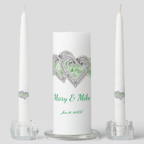 Diamond Hearts Green Ribbon Wedding Unity Candle Set
