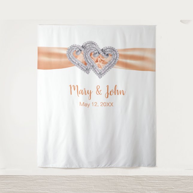 Diamond Hearts Orange Ribbon Wedding Backdrop (Front)