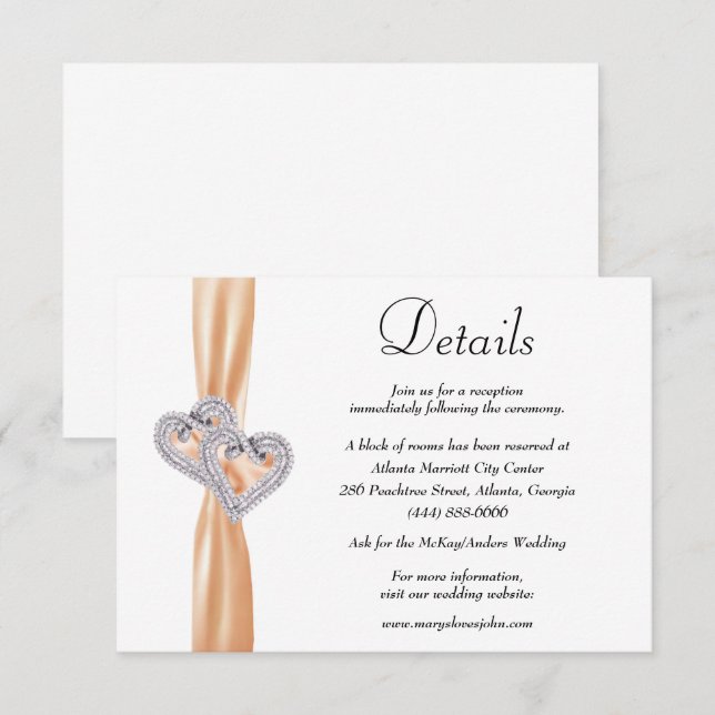 Diamond Hearts Orange Ribbon Wedding Details Enclosure Card (Front/Back)