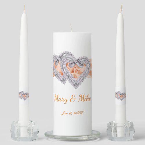 Diamond Hearts Orange Ribbon Wedding Unity Candle Set