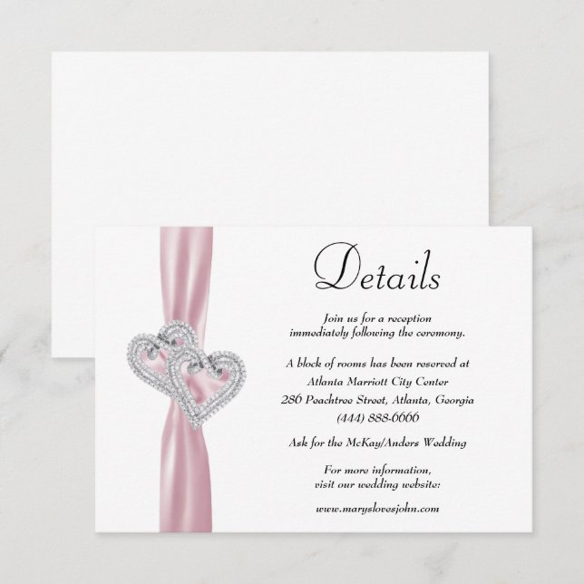 Diamond Hearts Pink Ribbon Wedding Details Enclosure Card (Front/Back)