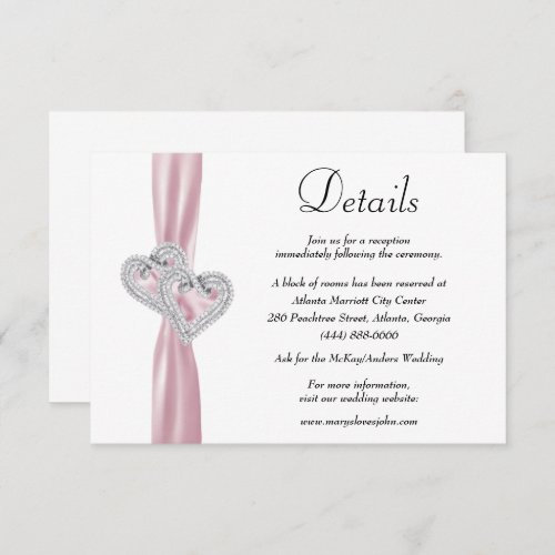 Diamond Hearts Pink Ribbon Wedding Details Enclosure Card