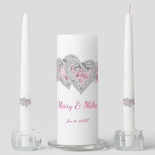 Diamond Hearts Pink Ribbon Wedding Unity Candle Set