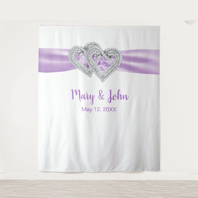 Diamond Hearts Purple Ribbon Wedding Backdrop (Front)