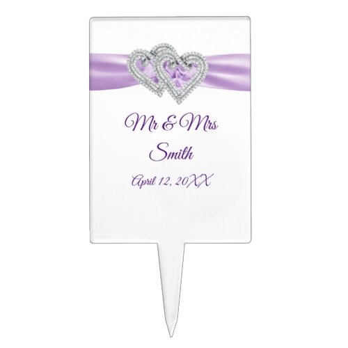 Diamond Hearts Purple Ribbon Wedding Cake Topper