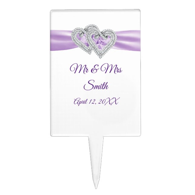 Diamond Hearts Purple Ribbon Wedding Cake Topper (Front)