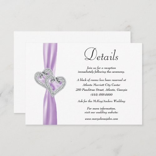 Diamond Hearts Purple Ribbon Wedding Details Enclosure Card