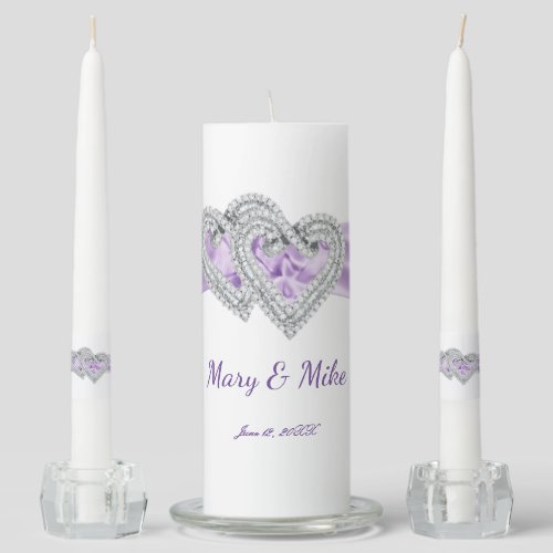 Diamond Hearts Purple Ribbon Wedding Unity Candle Set