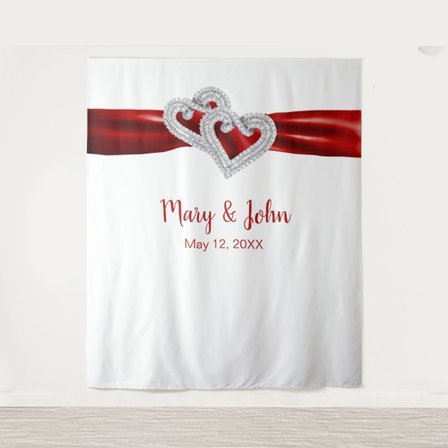 Diamond Hearts Red Ribbon Wedding Backdrop (Front)